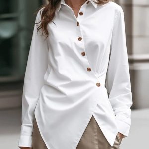 Cotton Urban Plain Asymmetrical Shirt Collar Shirt, Blouses and Shirts, color:White|size:XXL, Stylewe