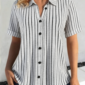 Shawl Collar Short Sleeve Polka Dots Regular Loose Shirt For Women, Shirts, color:White|size:4XL, catalog Noracora shop