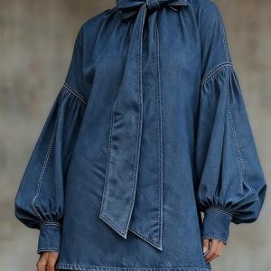 Urban Plain Raglan Sleeves Bow Stand Collar Denim Mini Dress, Mini Dresses, color:Blue|size:XXL, Stylewe