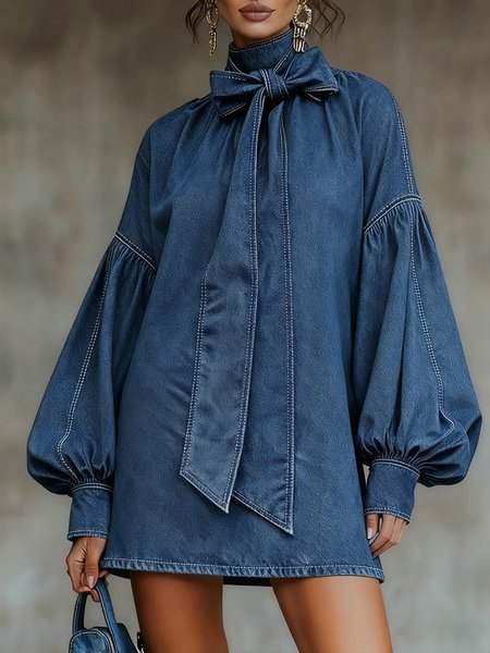 Urban Plain Raglan Sleeves Bow Stand Collar Denim Mini Dress, Mini Dresses, color:Blue|size:XXL, Stylewe