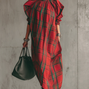 Urban Plaid Printing Stand Collar Midi Dress, Midi Dresses, color:Red|size:XXL, Stylewe