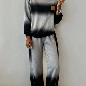 Women Ombre Printing Two-Piece Set Daily Long Sleeve Casual Spring/Fall Top With Pants Matching Set, Sets, color:Black|size:3XL, catalog Noracora shop