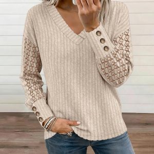 V-Neck Lace Spliced Long Sleeve Ribbed Tee Casual Button Decor Cuffs Knit Brushed Top, women T-shirt & Tees, ChicMe catalog