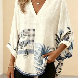V Neck Three Quarter Sleeve Floral Regular Loose Shirt For Women, Shirts, color:As Picture|size:4XL, catalog Noracora shop