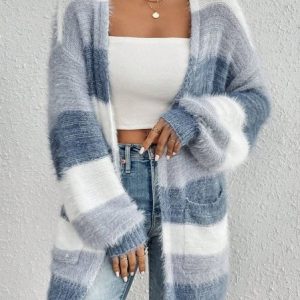 Women Nylon Striped Long Sleeve Comfy Casual Cardigan, Cardigans, color:Blue|size:XL, catalog Noracora shop
