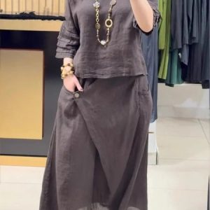 Women Plain Two-Piece Set Daily Three Quarter Sleeve Casual Spring/Fall Top With Skirt Matching Set, Jumpsuits&Rompers, color:Coffee|size:5XL, catalog Noracora shop