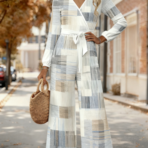 Women Geometric V Neck Long Sleeve Elegant Spring/Fall Jumpsuit, Jumpsuits&Rompers, color:Grey-blue|size:4XL, catalog Noracora shop
