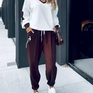 Women Color Block Two-Piece Set Daily Long Sleeve Casual Spring/Fall Top With Pants Matching Set, Sets, color:White|size:5XL, catalog Noracora shop