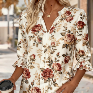 V Neck Half Sleeve Floral Regular Regular Fit Shirt For Women, Shirts, color:Apricot|size:XL, catalog Noracora shop