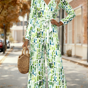 Women Geometric V Neck Long Sleeve Elegant Spring/Fall Jumpsuit, Jumpsuits&Rompers, color:Green|size:4XL, catalog Noracora shop