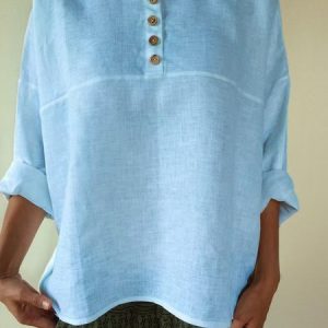 Crew Neck Long Sleeve Plain Buttoned Regular Loose Blouse For Women, Blouses, color:Sky Blue|size:3XL, catalog Noracora shop
