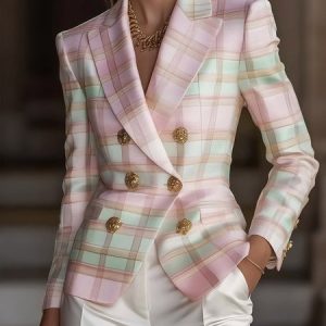 Urban Buttoned Printing Plaid Lapel Collar Blazer, Blazers, color:Pink|size:XXL, Stylewe