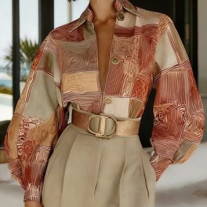 Urban Geometric Shirt Collar Balloon Sleeve Shirt, Blouses and Shirts, color:As Picture|size:XXL, Stylewe