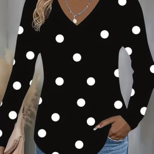 Casual Polka Dots V Neck Long Sleeve T-shirt, T-shirts, color:Black|size:XXL, catalog Noracora shop