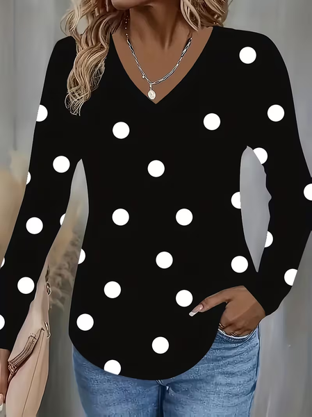 Women Polka Dots Long Sleeve Tee T-shirt V Neck Printing Casual Spring/Fall Graphic Tee Top, JustFashionNow T-Shirts, color:Black|size:XXL,