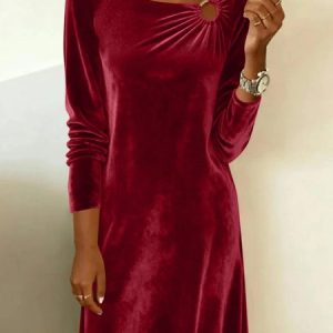 Women Plain Spring/Fall Dress Crew Neck Long Sleeve H-Line Dress, Dresses, color:Red|size:XXL, catalog Noracora shop