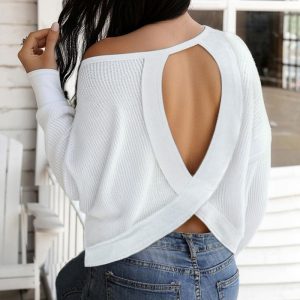 Plain Long Sleeve Cold Shoulder Waffle Knit Blouse Casual Criss Cross Backless Detail Pullover Top, women Blouses & Shirts, ChicMe catalog