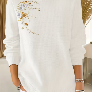 Women Floral Printing Spring/Fall Casual Long Sleeve Crew Neck Sweater, JustFashionNow Sweaters, color:Off White|size:5XL,