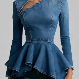 Denim Urban Plain Asymmetric Top, Tops, color:Denim Blue|size:XXL, Stylewe