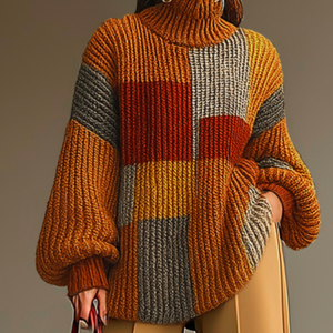 Plus Size Urban Plaid Turtleneck Sweater, Plus Tops, color:Brown|size:4X, Stylewe