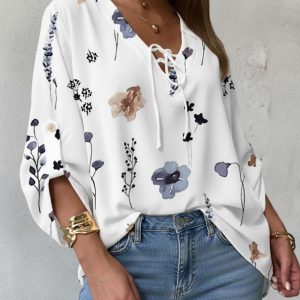Watercolor Floral Print V-Neck Roll Up Sleeve Tie Front Blouse Casual Loose Fit Top, women Blouses & Shirts, ChicMe catalog