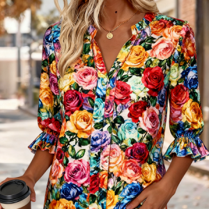 V Neck Half Sleeve Floral Regular Regular Fit Shirt For Women, Shirts, color:Red|size:XL, catalog Noracora shop
