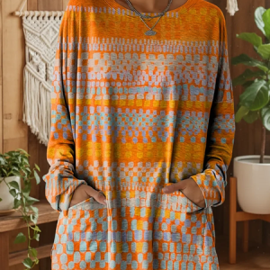 Women Abstract Long Sleeve Tee T-shirt Crew Neck Printing Vintage Spring/Fall Top, JustFashionNow T-Shirts, color:Orange|size:5XL