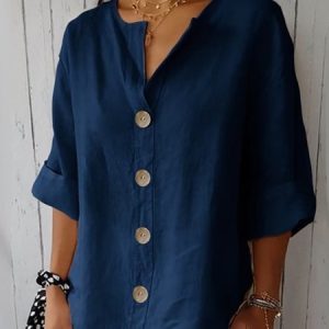 Crew Neck Long Sleeve Plain Buttoned Regular Loose Shirt For Women, Shirts, color:Purplish Blue|size:5XL, catalog Noracora shop