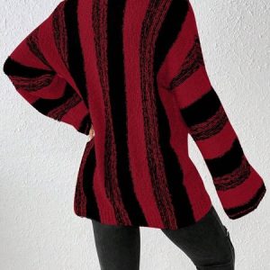 Women Striped Split Joint Winter Casual Long Sleeve Crew Neck Sweater, JustFashionNow Sweaters, color:Red|size:XL,