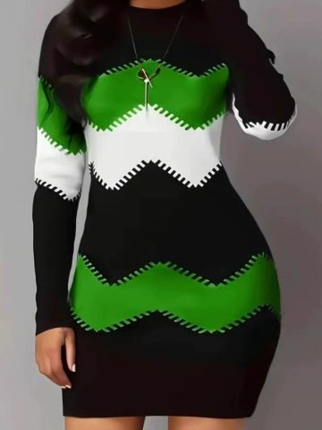 Women Striped Long Sleeve Spring/Fall Split Joint Dress Hoodie Party Casual Midi Hip Skirt Bodycon Dress, JustFashionNow Dresses, color:Green|size:5XL,