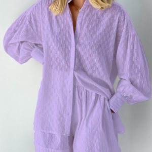 Women Plain Jacquard Two-Piece Set Daily Long Sleeve Casual Spring/Fall Top With Pants Matching Set, Sets, color:Purple|size:XXL, catalog Noracora shop