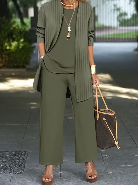 Women Striped Two-Piece Set Daily Long Sleeve Casual Spring/Fall Multi-Piece Set Matching Set, JustFashionNow Suit Set, color:Green|size:XXL,