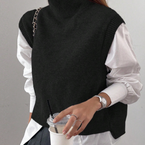 Urban Plain Mock Neck Sweater No Shirt, Pullovers, color:Black|size:XXL, Stylewe