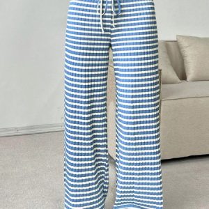 Women Striped Long Elastic Waist Pants Casual Spring/Fall Trousers, Pants, color:Blue|size:XXL, catalog Noracora shop