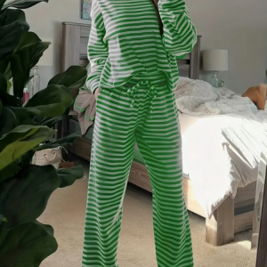 Women Striped Two-Piece Set Daily Long Sleeve Vintage Spring/Fall Top With Pants Matching Set, Sets, color:Green|size:XXL, catalog Noracora shop