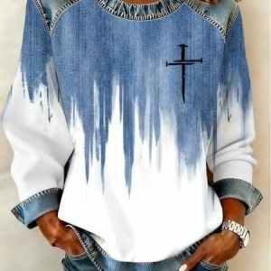 Women's Abstract Belief Print Patchwork Denim Crewneck Long-Sleeved Sweatshirt, JustFashionNow Sweatshirts & Hoodies, color:Blue|size:4XL,