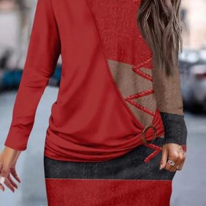 Women Floral Pattern Spring/Fall Dress Crew Neck Long Sleeve Fit & Flare Dress A-Line Dress, Midi, color:Red|size:3XL, catalog Noracora shop