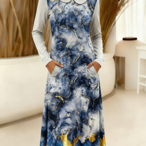 Women Floral Spring/Fall Dress Sweetheart Neckline Long Sleeve A-Line Dress, Dresses, color:Blue|size:4XL, catalog Noracora shop