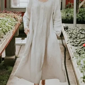 Women Plain Regular Sleeve Spring/Fall Dress Crew Neck Long Sleeve A-Line Dress, Dresses, color:Apricot|size:5XL, catalog Noracora shop