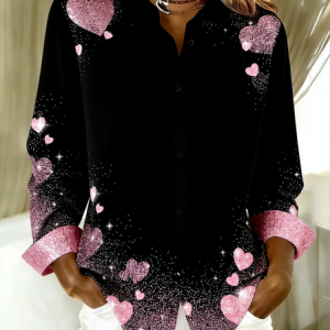 Shawl Collar Long Sleeve Heart/Cordate Regular Loose Shirt For Women, Shirts, color:As Picture|size:4XL, catalog Noracora shop