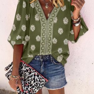 Vintage Baroque Placement Print V-Neck Lantern Sleeve Blouse Casual Long Sleeve Loose Fit Boho Top, women Blouses & Shirts, ChicMe catalog