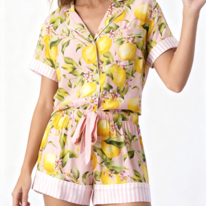 Lapel Collar Casual Lemon Loose Fit Pajama Set, Pajamas, color:Pink|size:4XL, catalog Noracora shop