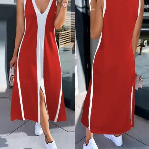Colorblock Spliced Deep V-Neck Sleeveless Slit Front Dress Casual Loose Fit A Line Dress, women Casual Dresses, ChicMe catalog