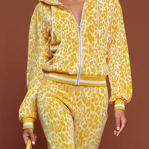 Casual Leopard Hoodie Jacket, Jackets, color:Yellow|size:XXL, Stylewe