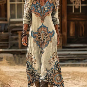Women Abstract Long Sleeve Spring/Fall Printing Dress V Neck Daily Vintage Maxi H-Line Dress, JustFashionNow Casual Dresses, color:Khaki|size:5XL,