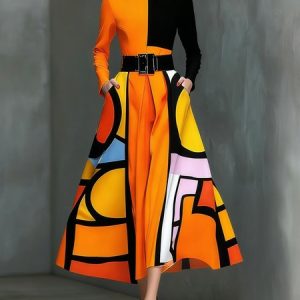 Urban Geometric  Printing Stand Collar Midi Dress With Belt, Maxi Dresses, color:Orange|size:XXL, Stylewe