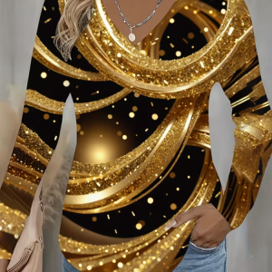 Women Abstract Long Sleeve Tee T-shirt V Neck Printing Casual Spring/Fall Graphic Tee Top, JustFashionNow T-Shirts, color:Yellow|size:XXL
