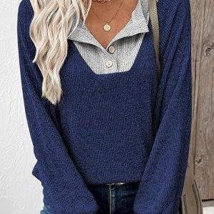 Vintage Shawl Collar Color Block Sweatshirt Split Joint, Hoodies & Sweatshirts, color:Deep Blue|size:XXL, catalog Noracora shop