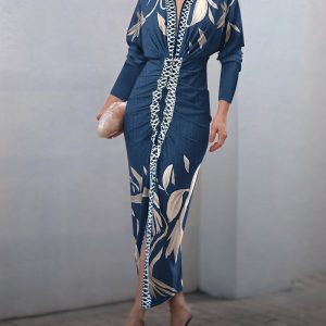 Plants Placement Print Contrast Paneled Deep V-Neck Batwing Sleeve Front Slit Dress Ruched Cinched Waist Vacation Dress, women Print Dresses, ChicMe catalog