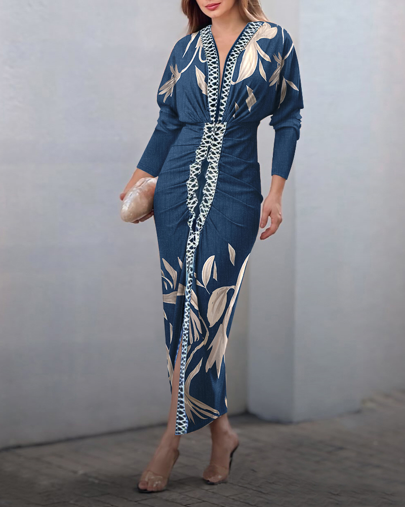 Plants Placement Print Contrast Paneled Deep V-Neck Batwing Sleeve Front Slit Dress Ruched Cinched Waist Vacation Dress, women Print Dresses, ChicMe catalog